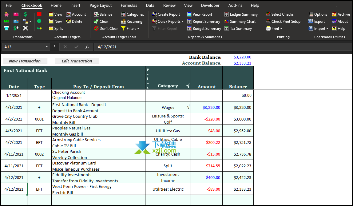 Checkbook for Excel界面