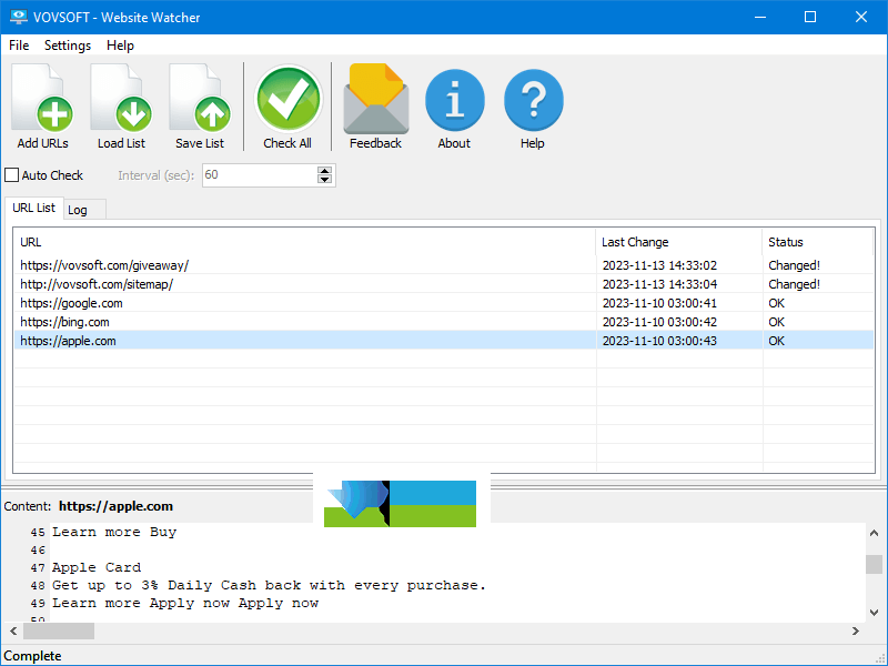 VovSoft Website Watche界面